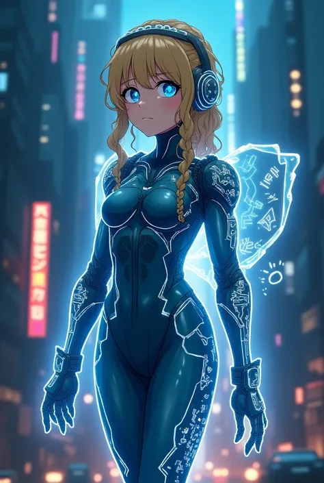 Beautiful studio Ghibli anime woman. She is half luminescent cyber robot. She has wavy blond hair in braids and blue eyes. Shes wearing a luminescent cyber robot suit and a big luminescent cyber gaming headset. She has neon luminescent circuit board cyber ...