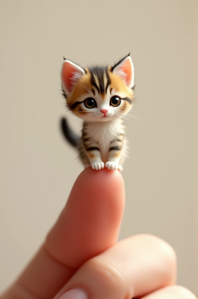 A miniature cute kitten standing on a fingertip