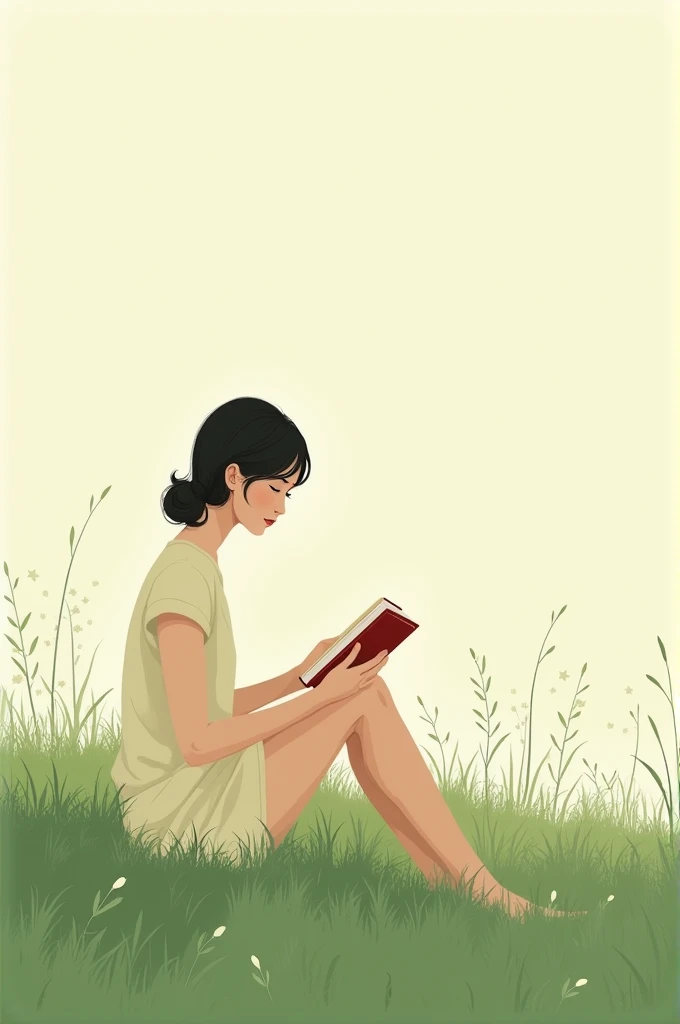 Illustrations épurée femme très fine assise dans l herbe elle lit un livre