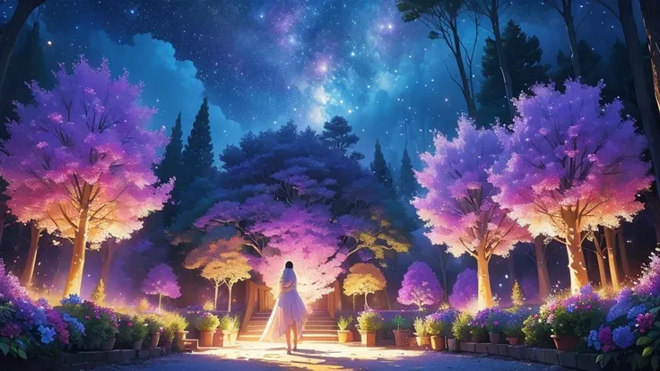 (masterpiece)),((Best Quality)),(( high detail)), background, fantasy, Magical Forest, Elf holding a bouquet, Rear view, Beautiful dress,  Sparkling Decorations ,  Fantastic and Mysterious Atmosphere ,  Pastel Trees 々, Colorful Flower Garden, Starry Sky