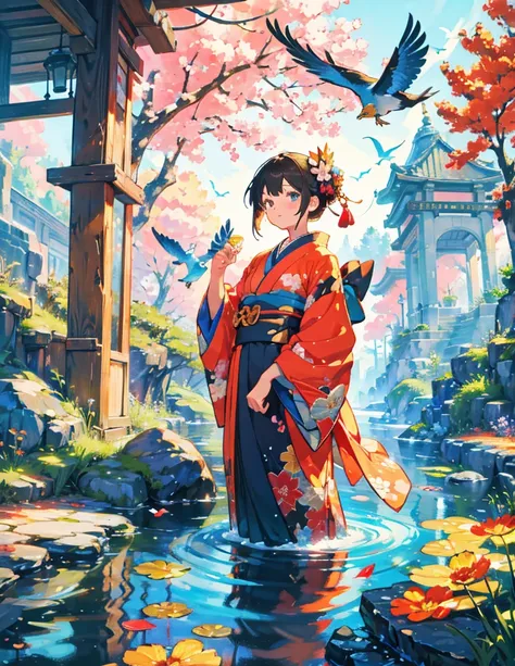   high res, Overall saturation is bright, Fantasy ,kimono,
 1 girl,Another world,bird,
 close-up , 