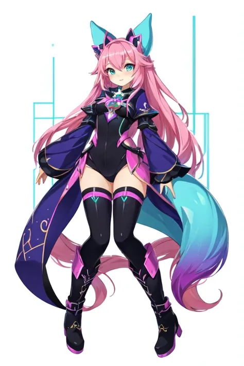 a cartoon image of a woman in a cat suit and boots, miku, hatsune miku, seraphine ahri kda, black magician girl, vivy, anime style”, beautiful dark magician girl, knights of zodiac girl, cyan and magenta, humanoid pink female squid girl, kda, glamorous ang...