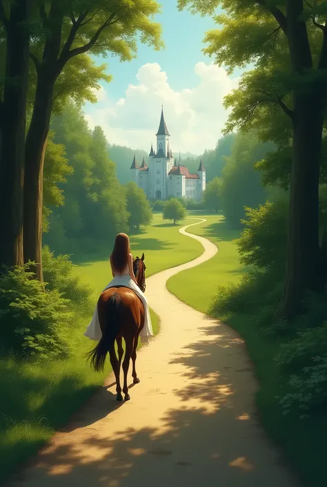 scenery　 a girl riding a horse on a road in the woods、 Back view of a long-haired woman wearing a white dress 。the road continues far。
Ahead is a white castle 。 sunlight filtering through the trees illuminates the road 、
 drawing the back of a girl on the ...