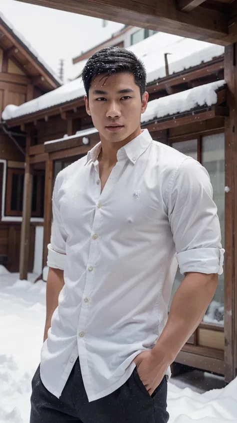 Man, a handsome Asian man of 20 years old, muscular man, fair skin, button-down shirt, snow, high resolution, high quality