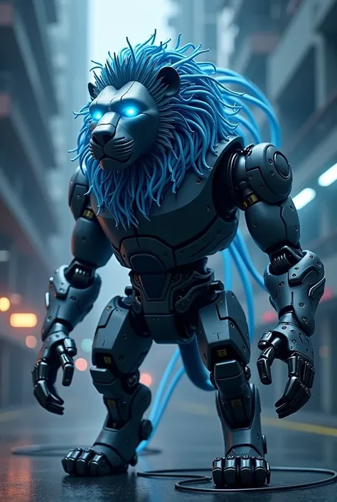 

"Create a striking image of a futuristic robot merged with a powerful lion. The body should combine sleek, metallic parts with the organic strength of a lion, featuring mechanical limbs, glowing blue eyes, and steel armor on the torso. The lions mane sho...