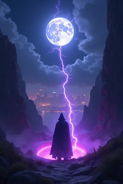 very far away wide shot of purple lightning being shot out of a holw in the middle of Los Angeles from a mystical wizard, city in the background, moonlit night with clouds, lightning is causing purple gloaw in the quarry. Inspired by Magic the gathering ar...