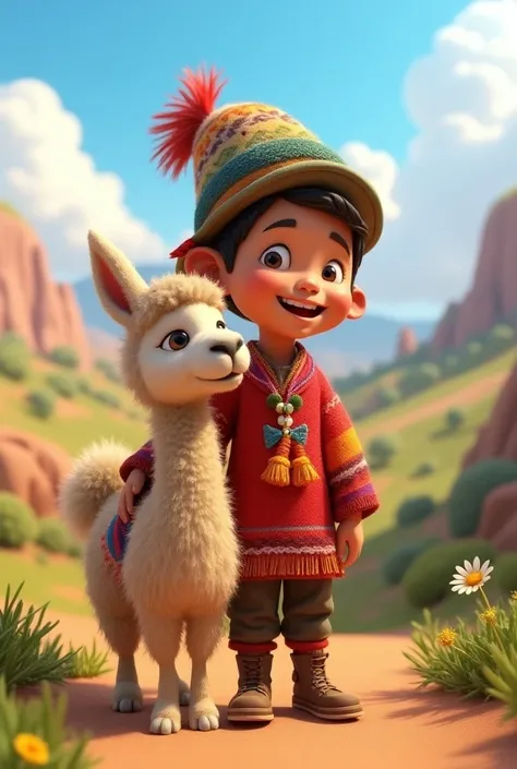 3D drawing of a smiling little Bolivian boy with a baby lama next to him. 