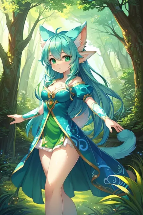 a cartoon girl with a green and blue hair and a green and white cat, cute detailed digital art, cute forest creature, fantasy art style, detailed fanart, detailed digital 2d fantasy art, by Ryan Yee, forest soul, pixie character, digital 2d fantasy art, fo...