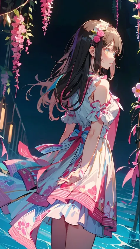 masterpiece, best quality, peaceful,  dreamy environment , her long, wavy dark hair flows down her back, like the pink and white...