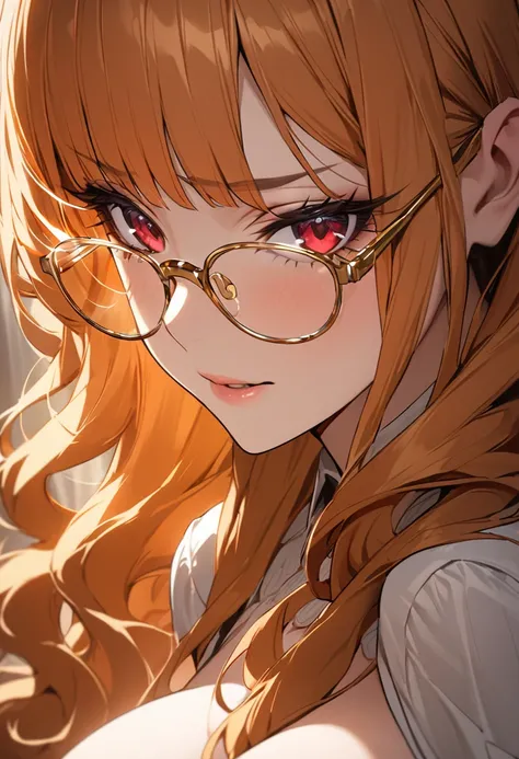 (( best quality)), (( Masterpiece )), (details), Young woman, ( Big Bust , Orange hair, Red eyes, ((My hair is very long., Long wavy hair)), (Bangs:1.3) , curve, large chest, huge breasts, Beautiful face, Beautiful skin , Long eyelashes, Thick eyelashes), ...