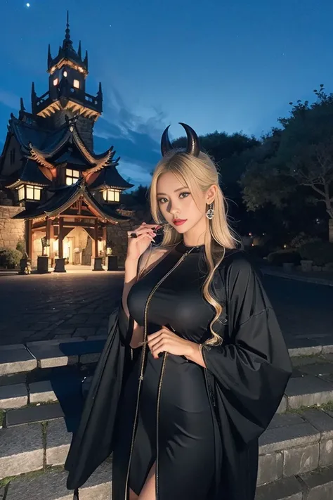 Japanese、Model、Blonde、Big Breasts、Little Devil、Devils horn、 Black Clothes 、Black boots、Devils Axe 、night、月night、 In Front of an Old Castle