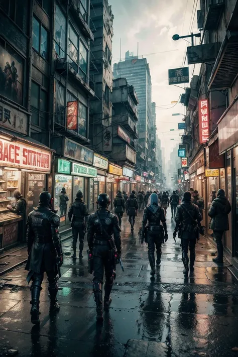 dystopian future,futuristic face city in decay, people everywhere, merchants, cyborgs of the underworld, buying and selling commerce, neon advertising, posters everywhere,violence and aggression