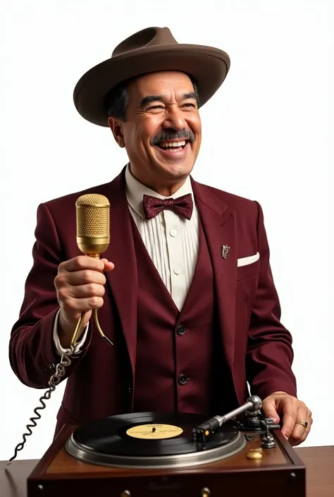 To the Mexican actor German Valdez tin tan with a golden microphone in his hand and with the other hand handling a Garad 88 turntable with the background in transparent PNG format