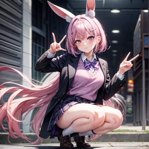  White rabbit ears　1 girl,  Pink Hair, Purple eyes, short hair,  Sweater vest, Student Uniform, Big Eyes, Checked skirt, Black Knee High, peace sign ,　　