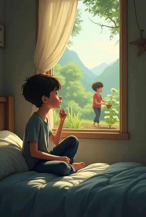 Boy sitting on his bed looking out the window while someone else is planting trees