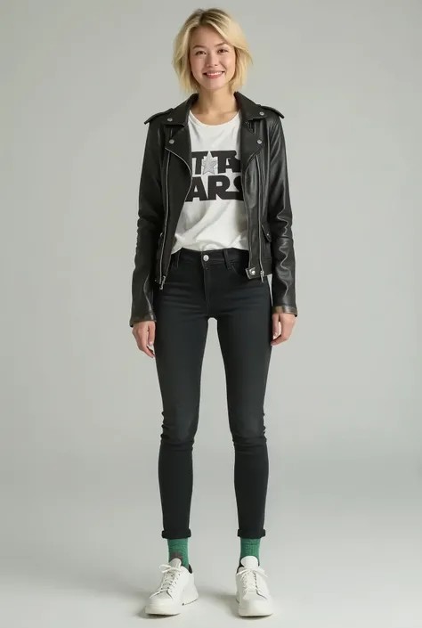 neat white woman、 blond hair、Short Haircut、、Leather jacket、smile、 starwars shirt,, likes Star Wars, marvel and skateboarding, all interests should be inclouded, she should wear something deadpool or Spider-Man themed, a whole body shot with a neutral backg...