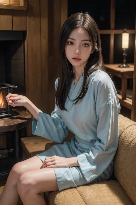 (32k, RAW photo, subtle-expressions, best quality, masterpiece:1.3), (realistic, photo-realistic:1.4), (slender lady, colorful outfit: 1.3),  (at night, wooden house, stove: 1.1), 30 years old Japanese woman, sofa