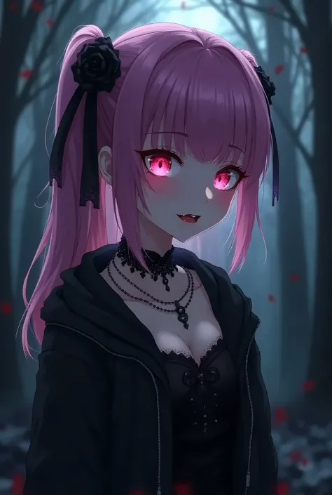 bdsm anime girl with chains, pink and purple mixed hair color, gothic clothes, , has a choker with a chain on, and in a dim lit forest, and has vampire teeth showing