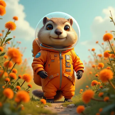 一只的土拨鼠站在沙棘田里，Watch a groundhog standing in a field of sea buckthorn at a distance ，Smile，orange space suit，Vision