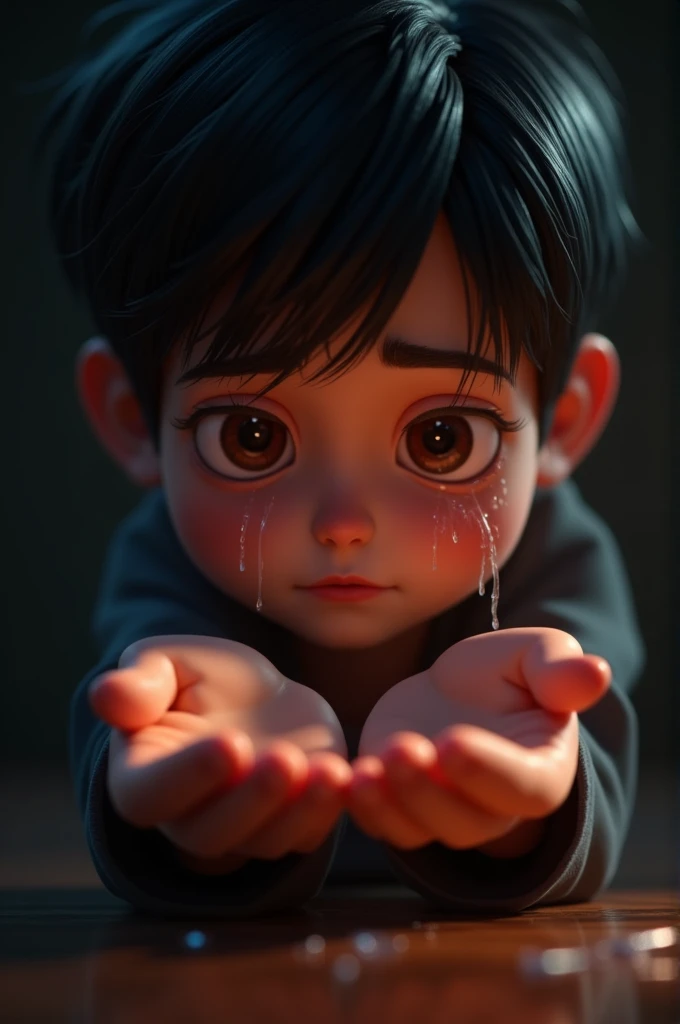 3d cenematic image "boy freand are crying on his hand paam see and eye are water coming