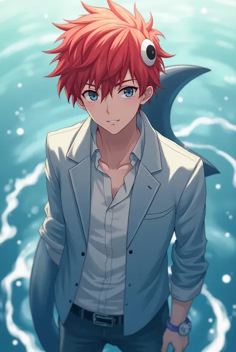 Anime boy with handsome red-haired humanoid shark features, but human, but human y guapo, with our gills , More shark features