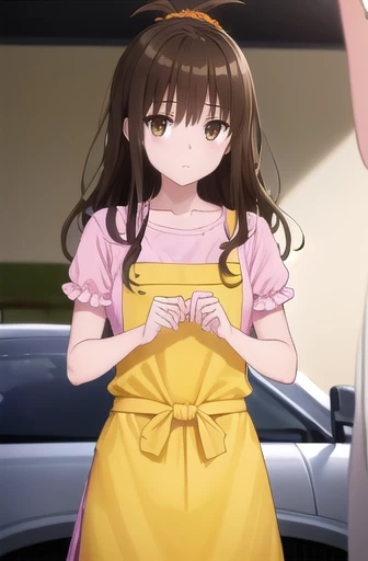 to follow, Yuki mandarin orange, ( Brown Eyes :1.5), Brown Hair,  hair accessory,  hair scrunchy, Long Hair,  pink scrunchie, scrunchie, ( flat chest:1.2),
break apron, blouse, clavicle, layered skirt, pink shirt, shirt, Short sleeve, skirt, Yellow apron,
...