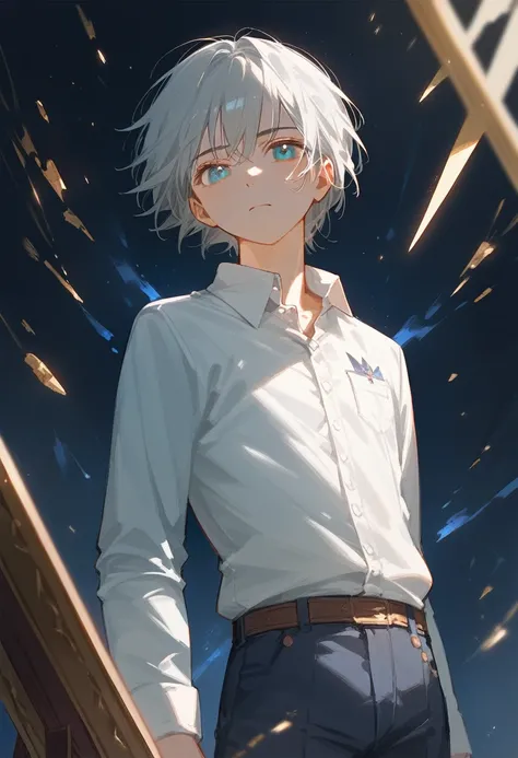 a divine androgynous figure with short gray hair, indigo blue eyes, wearing a HAORI, pants and a collared shirt, high quality, detailed, cinematic lighting, dramatic atmosphere, fantasy, digital painting