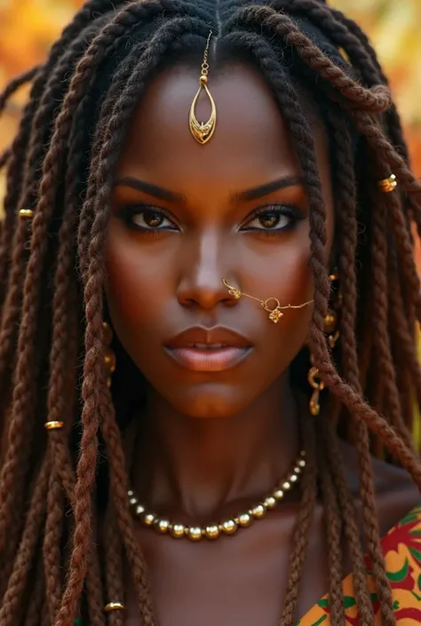 African princess, beautiful, brown eyes, brown hair dreadlock, ring and piercing