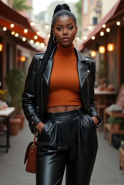 A curvaceous Black woman wearing a fitted leather jacket over a ribbed turtleneck crop top in burnt orange, paired with black pleated leather pants and chunky platform boots. She’s accessorized with silver hoop earrings and a leather crossbody bag. Her hai...