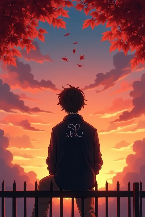 Create an image of a  handsome anime boy having mid long hair , wearing a stylish black-grey jacket , holding a fence on the back and sitting on it , in the background there is a sun set ,  and on the top of him there are leaves of a crimson tree , draw 🤞🏻...