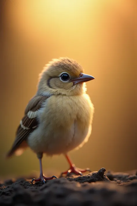 A charming close-up portrait，Showing a beautiful bird，Illuminated by soft golden light on a quiet morning，The bokeh ball gently frames its petite body