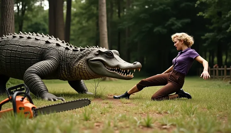 Dramatic scene in a forest clearing with tall green trees in the background. A large, ferocious crocodile-like creature with sharp teeth attacks a person. A woman with short, curly blonde hair in a 1950s style. She is wearing a purple shirt and brown pants...