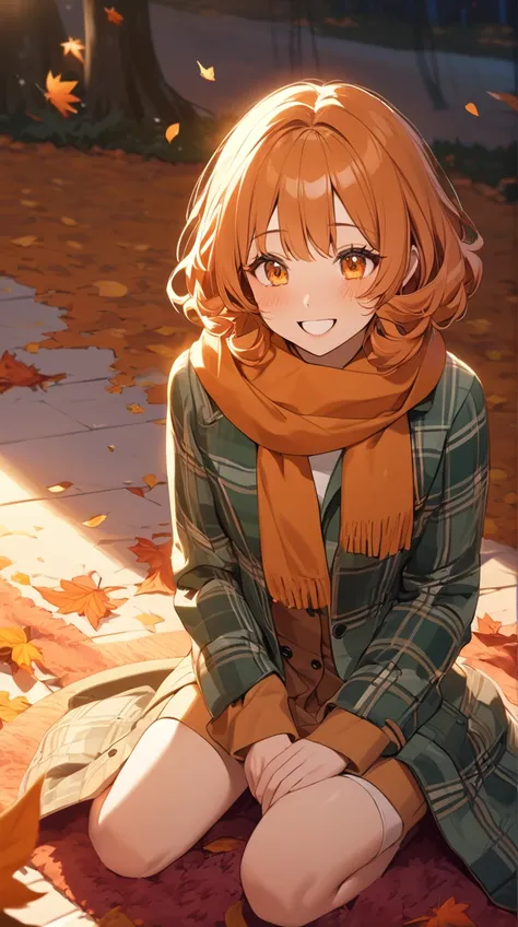 1 girl, A charming smile, Shining Eyes,  Short Curly Hair ,  Fall Plaid Coat ,  Active Posture , Healthy Skin, Small breasts,  Mischievous Look , scarf,  
break,  
Autumn evening, ( Dramatic Lighting:1.3),  Deep Orange , Vivid Shadows, Romantic atmosphere,...