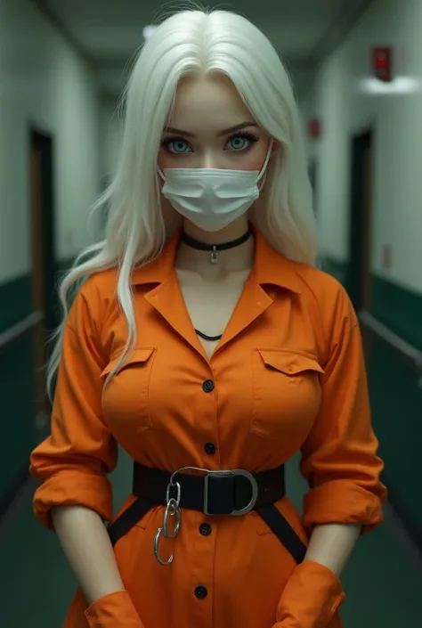 1girl, Solo, Long Hair, white hair, Large breasts, dark eye makeup, Blue eyes, Closed Mouth, Wide-Angle, orange prison jumpsuit, thick leather transport belt, curved body, very cute, big beady eyes, baby face, photorealistic, surgical face mask, handcuffed...