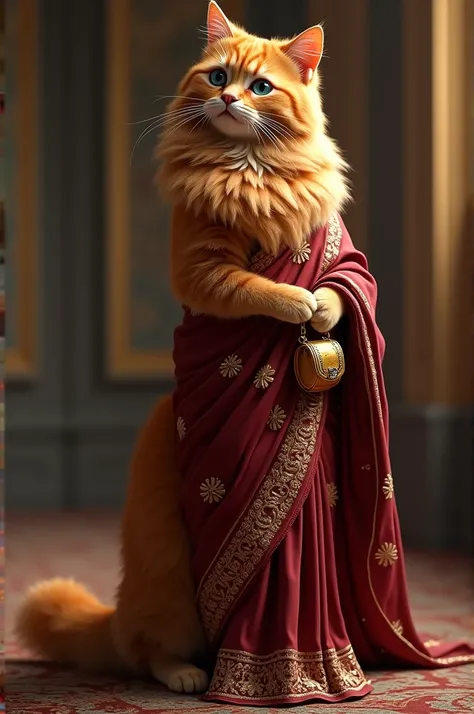 A dignified orange cat with long fur and blue eyes, wearing a rich maroon saree intricately decorated with zari work. The cat poses elegantly, clutching a gold handbag, amidst a backdrop of grandeur and elegance. 3D render, photorealistic, full-body view."