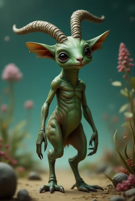 This hybrid creature combines the features of an alien and a goat. It has the slender, elongated body of an alien, with greenish skin and large, expressive black eyes. Its head features a goat-like face, complete with curved horns, a flat nose, and small e...