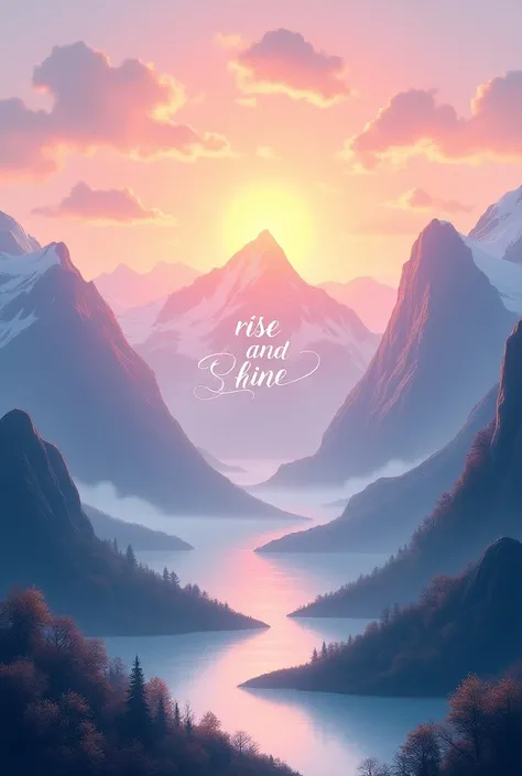 Create an uplifting image featuring a serene sunrise over a mountain landscape, with the words Rise and Shine elegantly integrated into the scene, surrounded by soft pastel colors."

