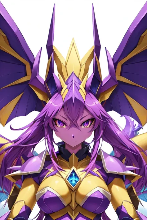 a close up of a yellow and purple dragon with purple wings, glamorous angewoman digimon, digimon key art, ultra mega super hyper detail, digimon, digimon anime key art, ultra mega detailed, symphogear, draconic looking armor, concept art of omegamon, mega ...