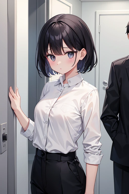 White open chest clothes 　Black trousers　Height: 155cm　Long short hair　Rear view　 embarrassed after taking off the uniform　Black Hair
