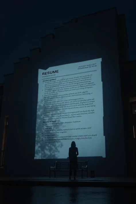 a mapped projection of a resume at a mirror price. image at night with great prominence but resume on the facade of the building