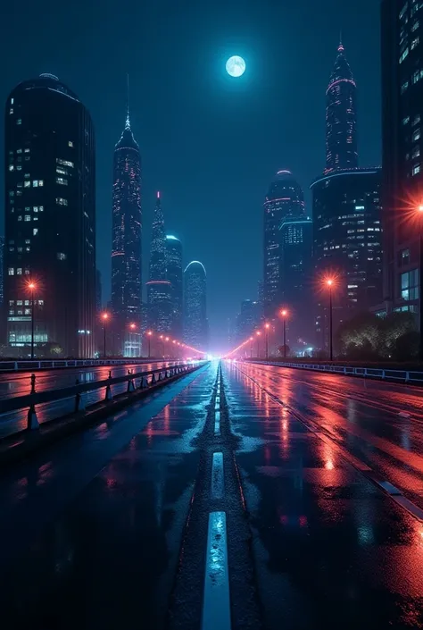 The camera is focused on the wet asphalt of a high-speed wide multi-lane highway, an avenue in a large metropolis on the planet Sirius. The camera is at an angle to the avenue. Night city, solid black night starry sky. High in the sky is a small full moon ...