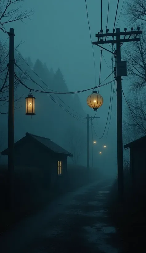 Horror scene with small village house image with simple small houses, with hanging mid-autumn lanterns. The scene is shot at night, the surrounding scenery is filled with darkness, adding to the feeling of isolation and fear. The mood must be haunting and ...