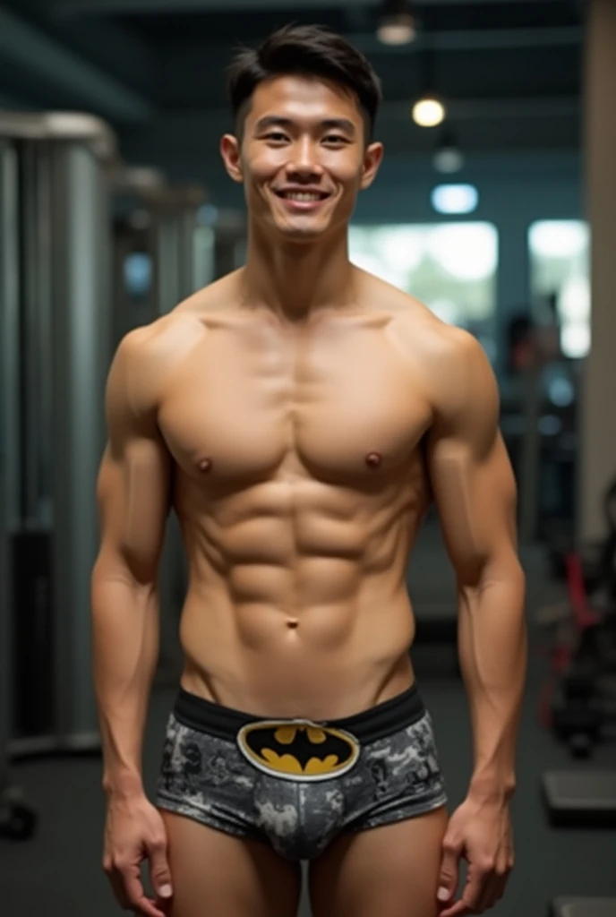 Handsome Chinese Teen Model, 4k, high resolution, best quality, masterpiece, perfect color, perfect shadow, perfect lighting, Posted by e621, ((portrait)), ((handsome man)), handsome and perfect Chinese teen figure, Wearing Batman underwear, Detailed short...