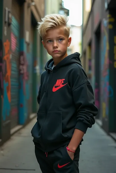 a  boy,tall, blonde hair, blue eyes,urban street,graffiti background,nike jordan tracksuit,nike jordan shoes,swag style,cinematic lighting,photorealistic,8k,highly detailed,sharp focus,professional photography,masterpiece,accurate,award winning,highest qua...