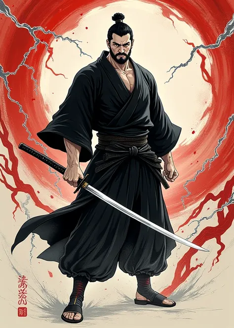 This is a full body painting with natural colors. Black and white image, Swordsman Miyamoto Musashi has a large body like a strong man. Japanese Samurai. He had a dignified yet manly expression of determination, short black hair, and a short, trimmed beard...