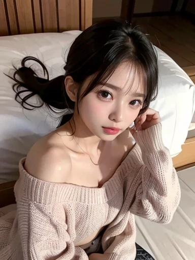 Fearful expression, (Fearful expression), ((Fearful expression)), (((Fearful expression))),  pink off-the-shoulder sweater,((())),No makeup, high res, Professional Pictures, high res,Small breasts,,slim, Japanese-style roomのtatamiの上, Japanese-style room, t...