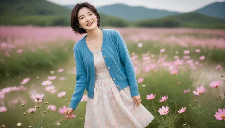 Beautiful Korean woman in her 50s , Cosmos standing in a field of flowers, short medium hair, The eyes are big and pretty. laugh.  luxury short cardigan over a dress, Taken with a wide-angle lens,  Cosmos flowers are blooming to look like an old picture, S...