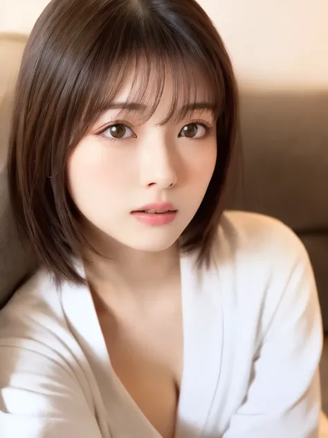 masterpiece, Best Quality, One Woman, (White bathrobe:1.2), Age 30、(RAW 写真Best Quality), (reality, reality的:1.4), sexy、iris、 very detailed eyes and face,  has a beautiful, detailed nose, beautiful eyes,  Perfect Anatomy、 short hair、Cleavage、Shiny skin、Blus...