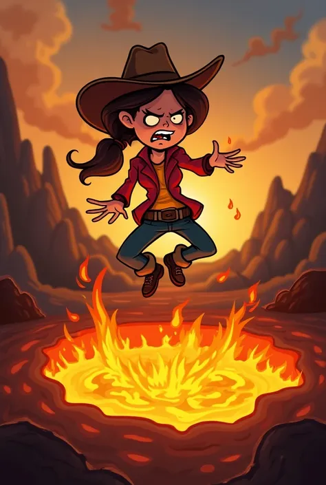 In pain toon cowgirl with both her hands touching the burnt rear seat of her pants, jumping and sitting at lava pool, her butt is on fire 