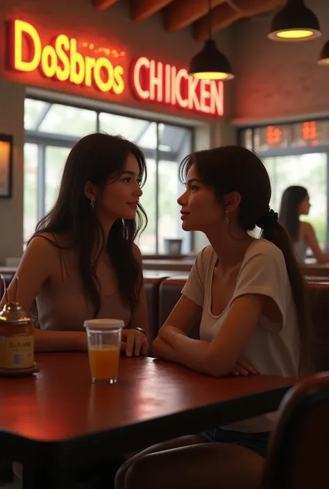 Des filles réaliste  ,  in a restaurant with the text "DosBros Chicken”